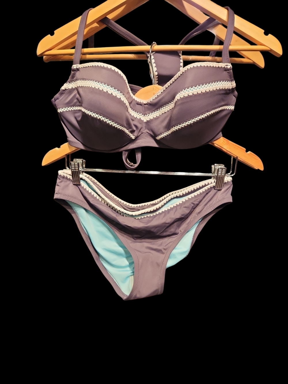 Women’s Two-Piece Dusty Purple Grey Lace-Trim Crochet Bikini